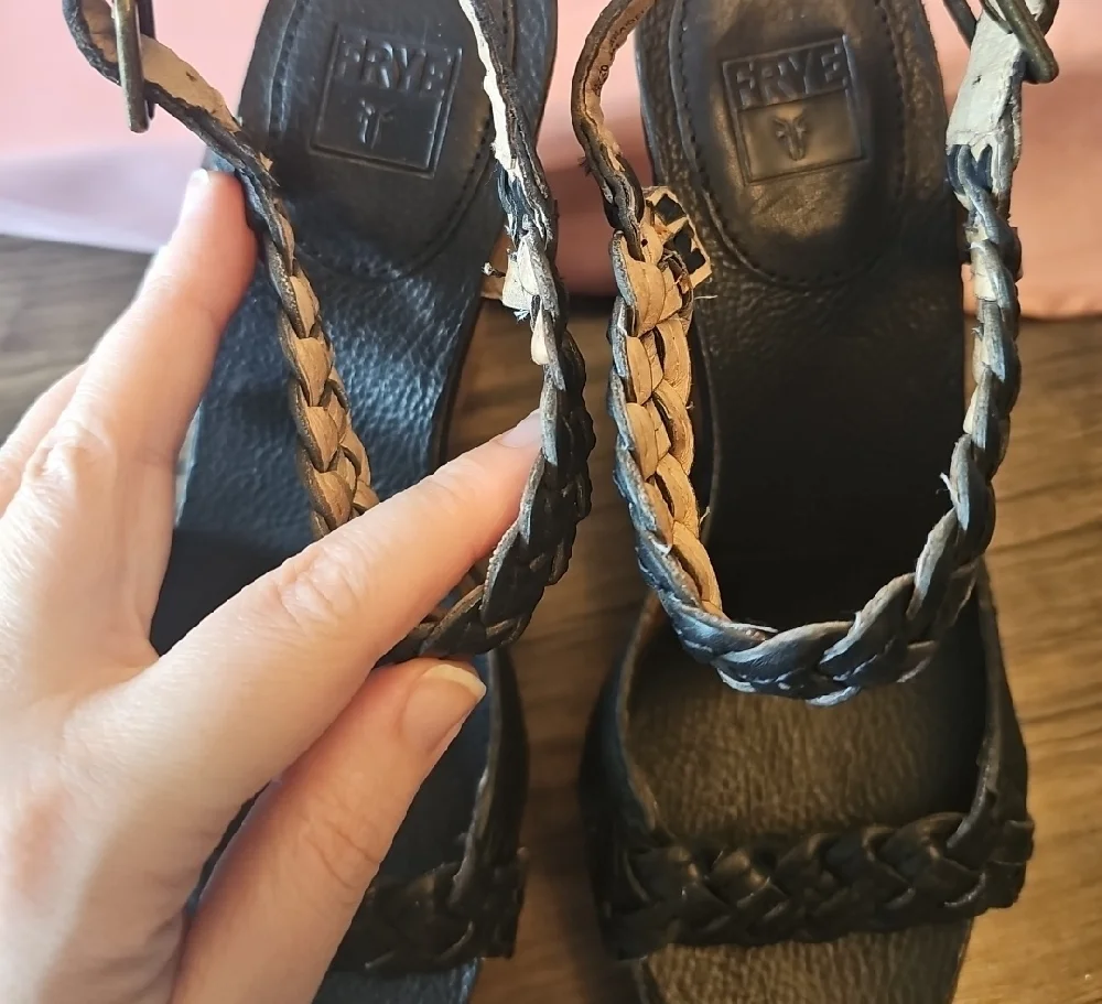 Frye Black Braided Leather Wedge Sandals